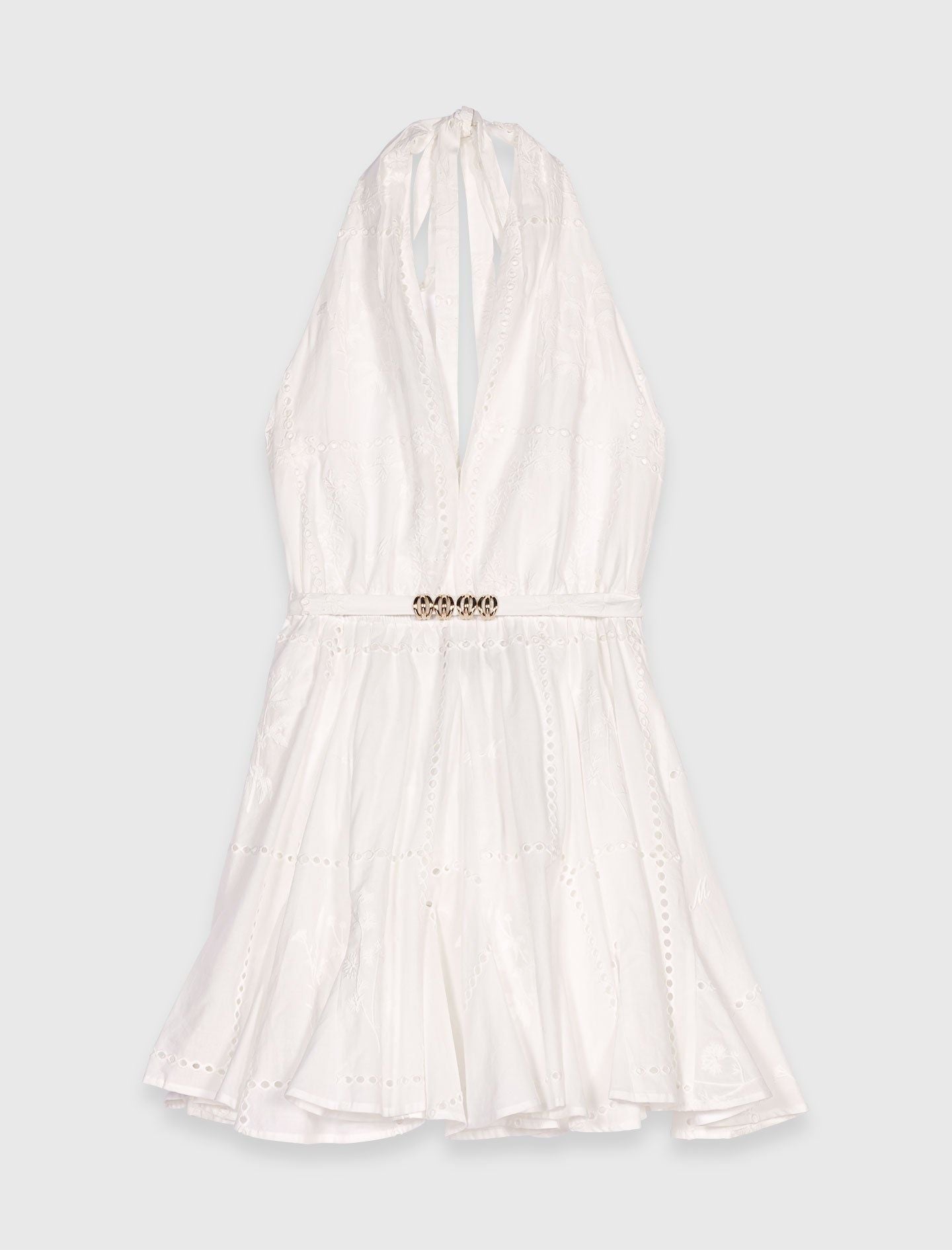 Đầm ngắn cổ yếm thêu lỗ linen cotton
